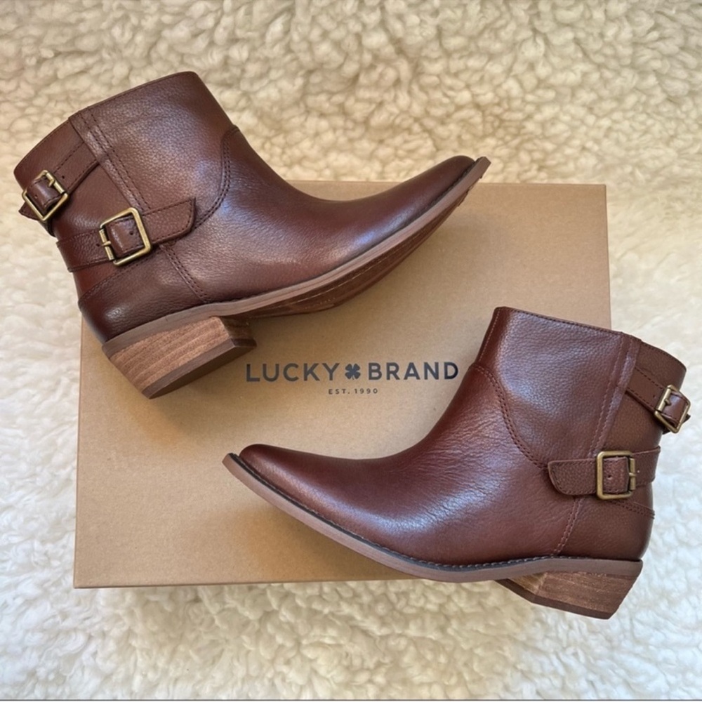 New! LUCKY BRAND Caelyn Western Moto Leather Ankle Booties in Cognac Brown